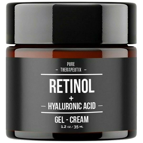 Pure Therapeutix retinol gel-cream jar with black and orange label
