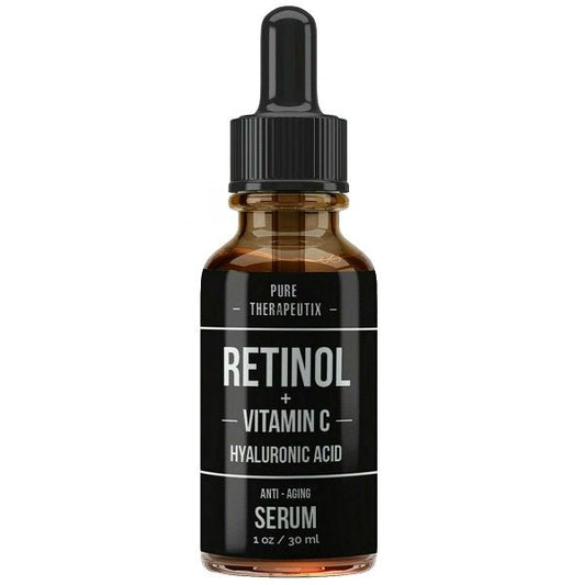 Retinol, Vitamin C, hyaluronic acid serum bottle with dropper, amber glass