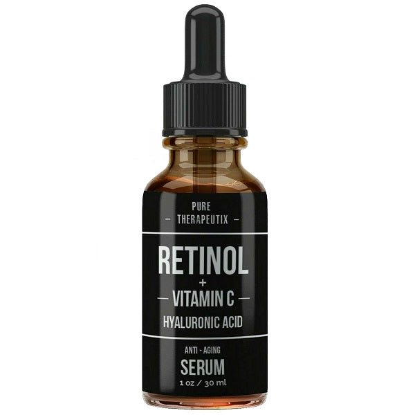 Retinol, Vitamin C, hyaluronic acid serum bottle with dropper, amber glass