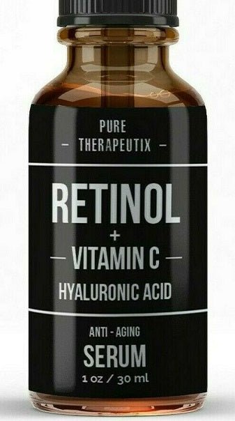 Retinol serum bottle label close-up: Retinol, Vitamin C, Hyaluronic Acid