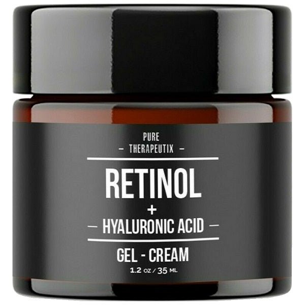 Retinol + Hyaluronic Acid gel-cream jar with black lid and dark label on gray base