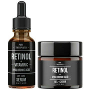 Retinol + Vitamin C + Hyaluronic Acid serum bottle, amber glass with black dropper
