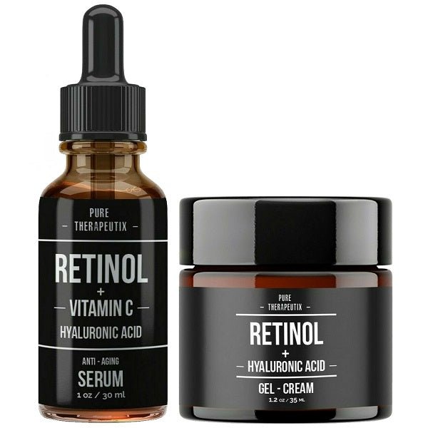 Retinol + Vitamin C + Hyaluronic Acid serum bottle, amber glass with black dropper