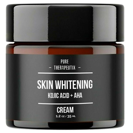 Pure Therapeutix skin whitening cream jar with black label, kojic acid + AHA, 1.2 oz
