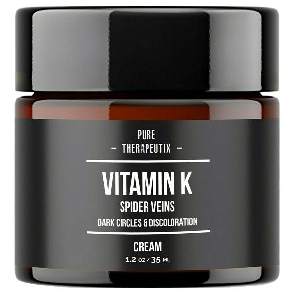Pure Therapeutix Vitamin K cream jar, dark cap, label for spider veins and discoloration