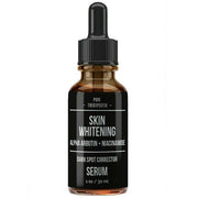 Skin whitening serum bottle with black dropper, label shows Alpha Arbutin + Niacinamide