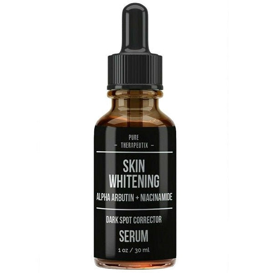 Skin whitening serum bottle with black dropper, label shows Alpha Arbutin + Niacinamide
