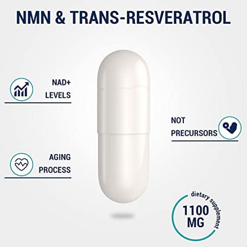 Reatharaly NMN + Trans-Resveratrol capsule illustration, 1100 mg, not precursors graphic.
