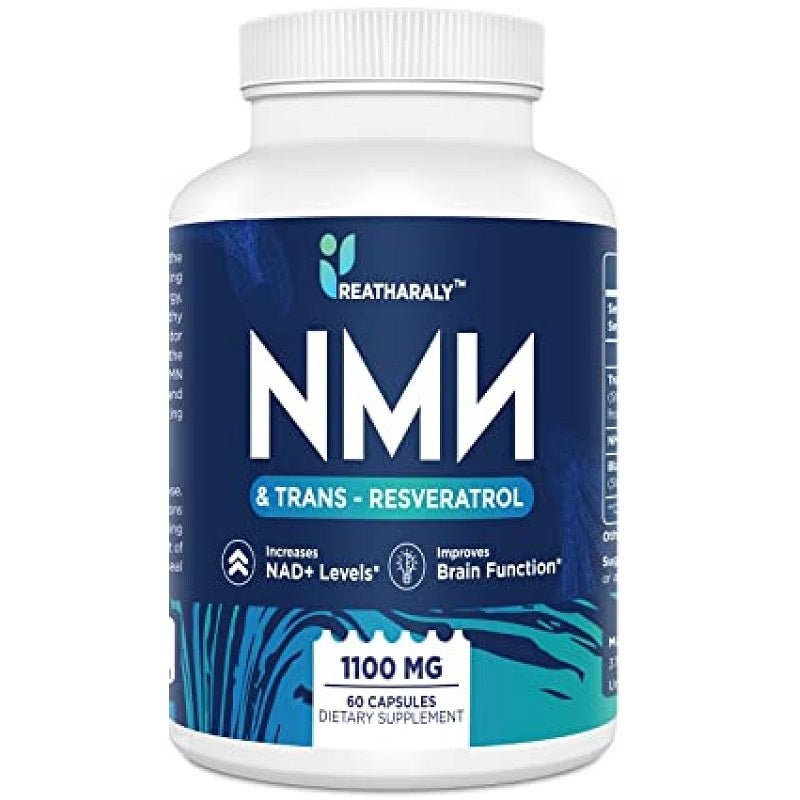 Reatharaly NMN + Trans-Resveratrol supplement bottle, 1100 mg, 60 capsules label front.
