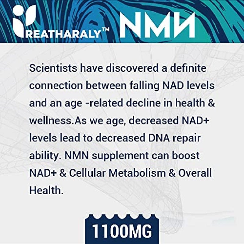 Reatharaly NMN + Trans-Resveratrol 1100 mg product panel with text and capsule badge.
