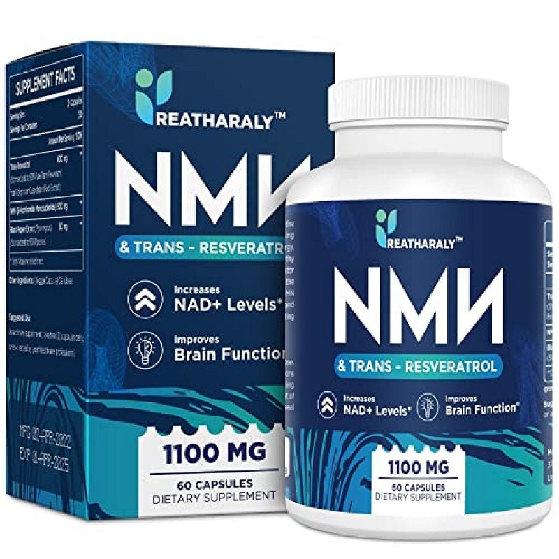 Reatharaly NMN + Trans-Resveratrol bottle with box, 1100 mg, 60 capsules dietary supplement.