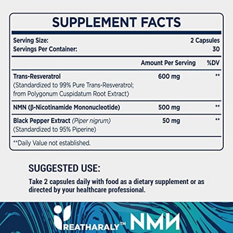 Reatharaly NMN + Trans-Resveratrol Supplement Facts panel with ingredients and serving details.