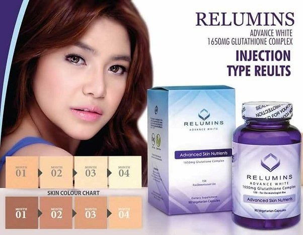 Glutathione complex supplement bottle with injection results text and product packaging