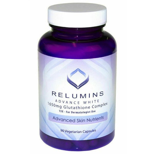 Glutathione supplement bottle with white cap and purple label, 90 vegetarian capsules