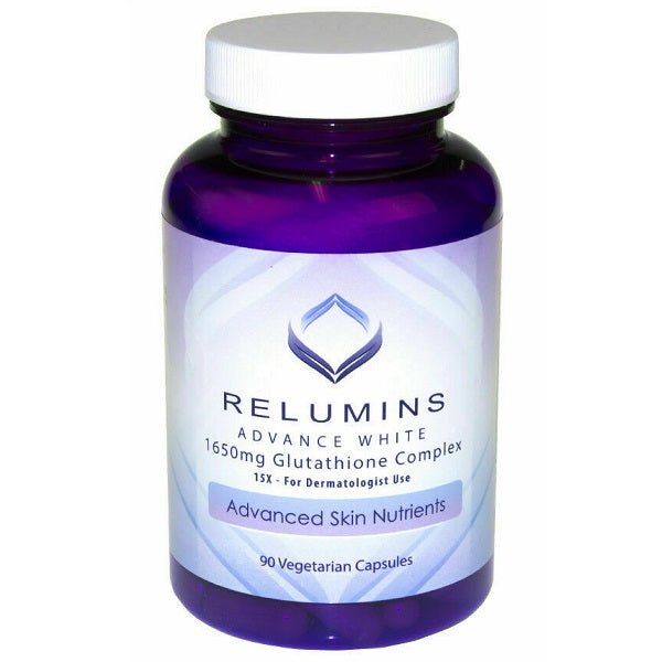 Glutathione supplement bottle with white cap and purple label, 90 vegetarian capsules