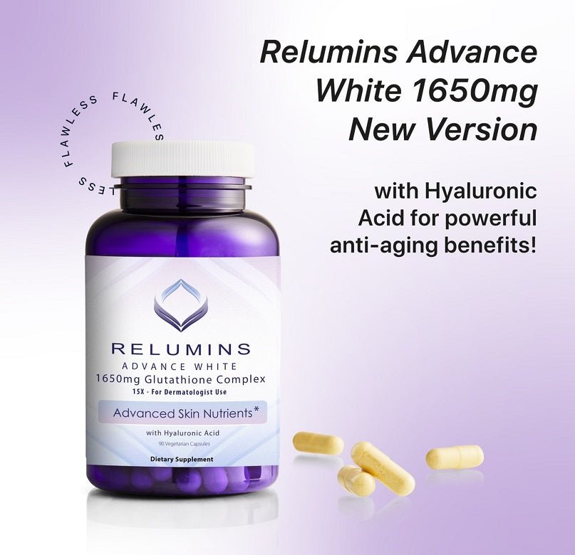 Relumins Advance White supplement bottle with capsules beside it on light background