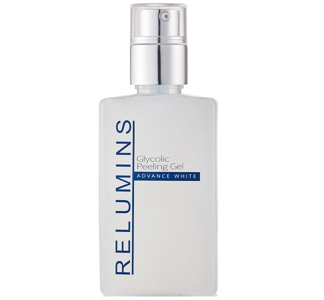 Glycolic peeling gel bottle with pump, Advance White, silver and white container