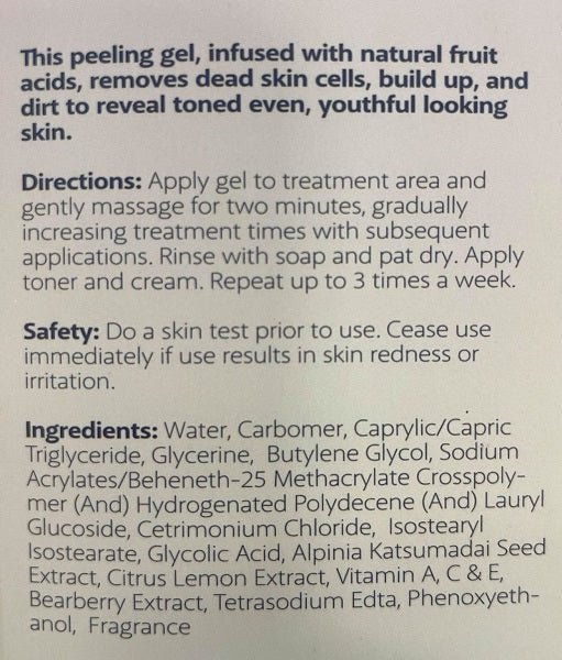 Peeling gel label showing usage directions, safety note, and ingredients text