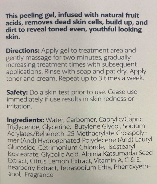 Peeling gel label showing usage directions, safety note, and ingredients text
