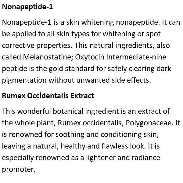 Ingredient info text for Nonapeptide-1 and Rumex Occidentalis extract