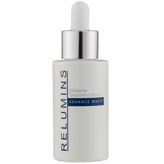 Melasma treatment serum bottle with white cap and silver dropper-style neck