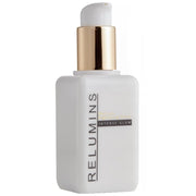 Brightening serum bottle with white pump and gold dispenser, matte frosted finish