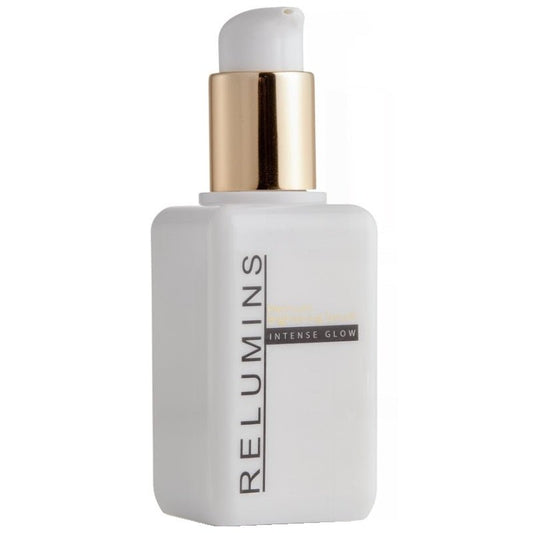 Brightening serum bottle with white pump and gold dispenser, matte frosted finish