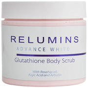 Glutathione body scrub jar, white with pink rim and blue/purple label