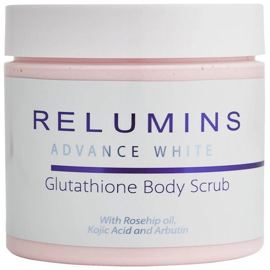 Glutathione body scrub jar, white with pink rim and blue/purple label