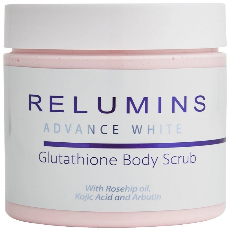Glutathione body scrub jar, white with pink rim and blue/purple label