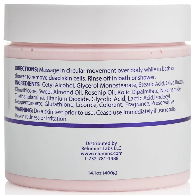 Glutathione body scrub jar, back label with directions and ingredient list