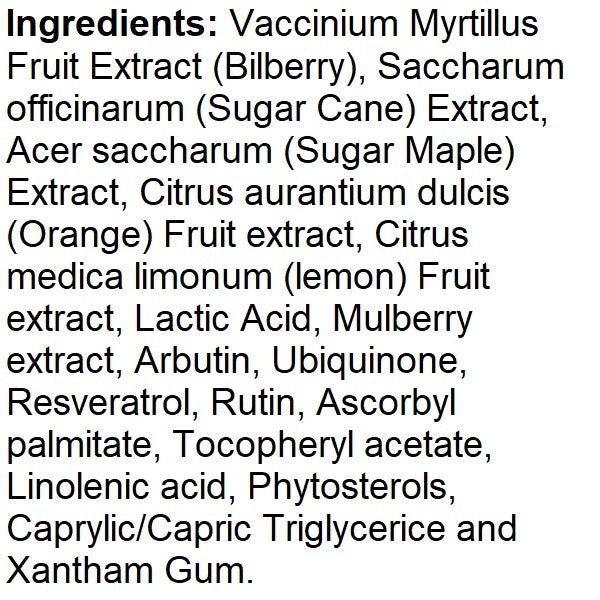 Ingredients list text, including lactic acid, arbutin, resveratrol, and tocopheryl acetate