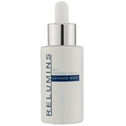 Skincare serum bottle with dropper, white bottle and blue “Advance White” label