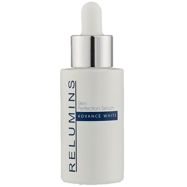 Skincare serum bottle with dropper, white bottle and blue “Advance White” label