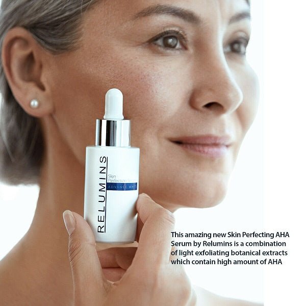Skincare serum bottle with dropper, held near cheek on smiling woman