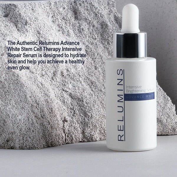 Intensive brightening stem cell serum bottle with silver dropper cap and white label