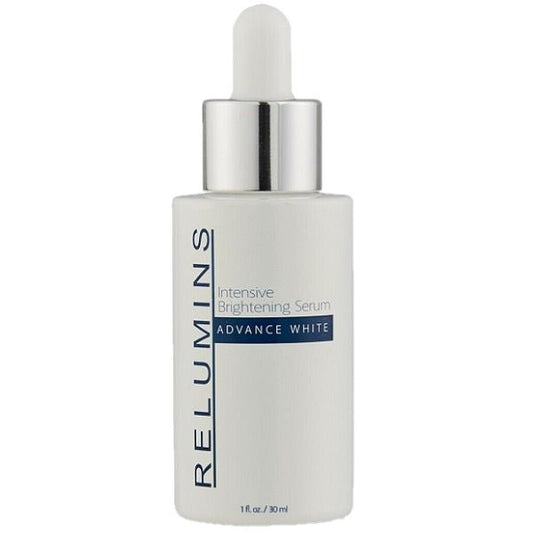 Intensive brightening serum bottle with dropper, white label and silver cap