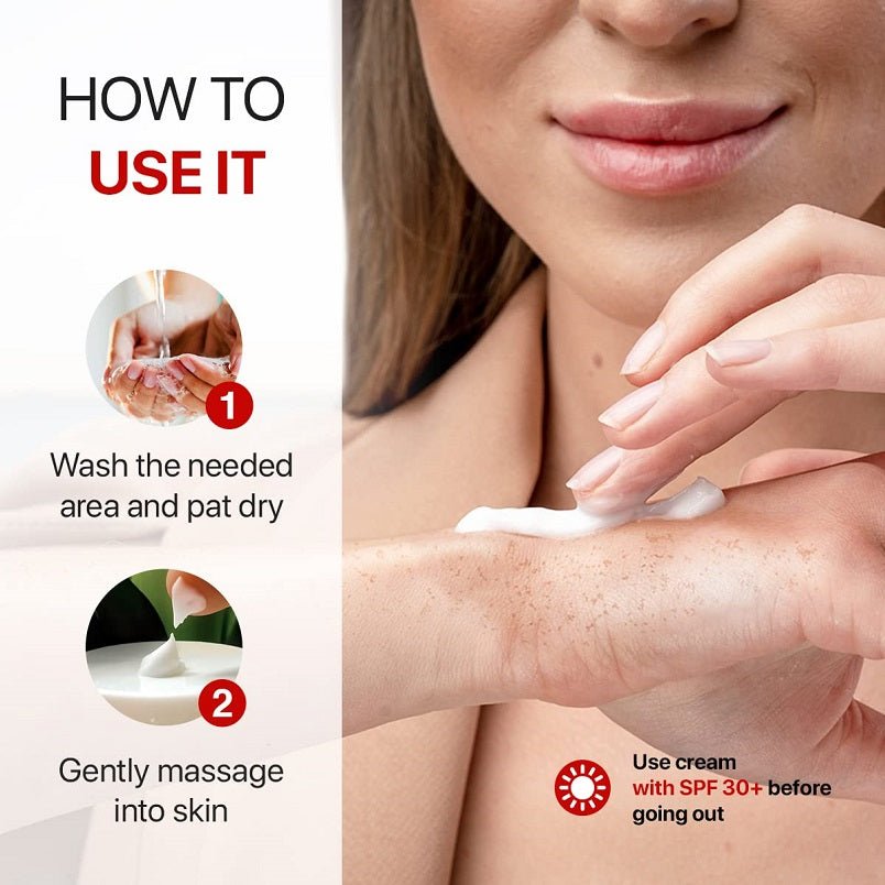 Dark spot corrector usage instructions on skin: wash, gently massage, and use SPF+ before out