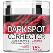 Dark spot corrector cream jar, clear lid and black base, red 1.5% ascorbic acid label