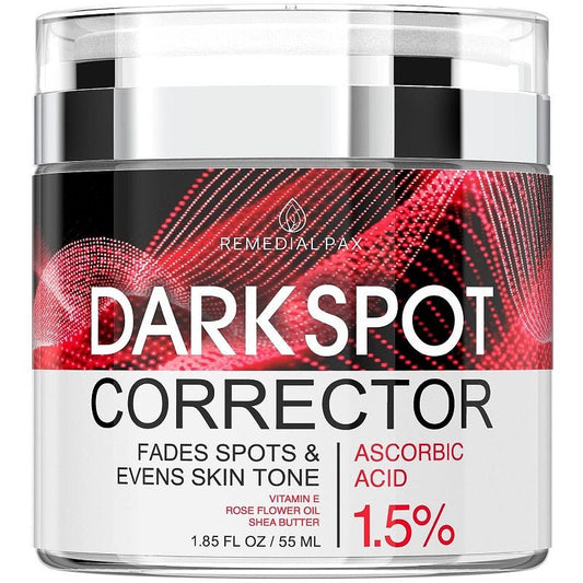 Dark spot corrector cream jar, clear lid and black base, red 1.5% ascorbic acid label