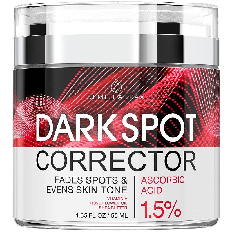 Dark spot corrector cream jar, clear lid and black base, red 1.5% ascorbic acid label