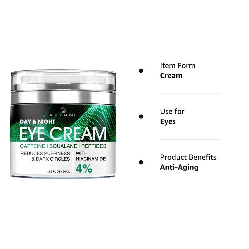Eye cream jar with item details bullets: cream, eyes, anti-aging benefits