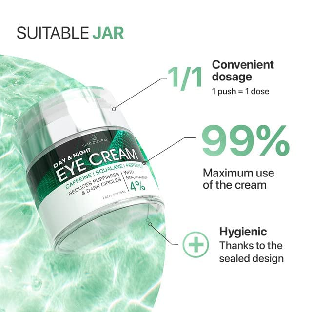 Day and night eye cream jar with sealed design callouts