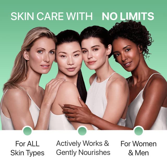 Group of four people posing in white tops with skincare messaging