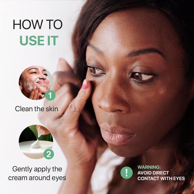 Person applying eye cream around eyes with step-by-step usage icons