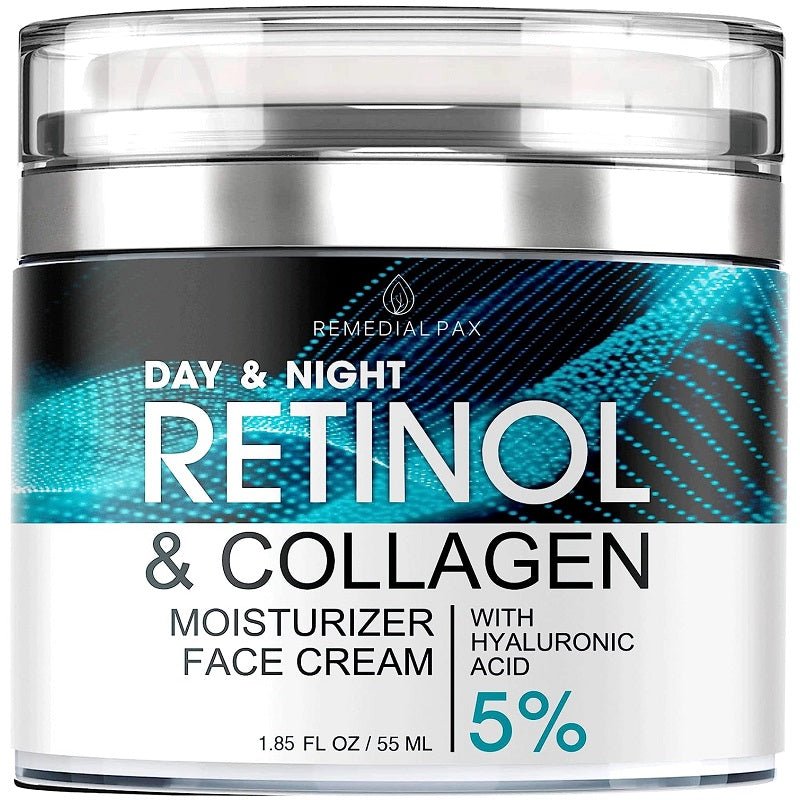 Retinol and collagen face cream jar, teal-and-black Day & Night label