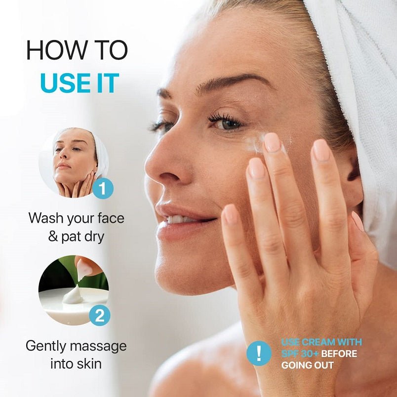 Woman applying retinol and collagen moisturizer to her cheek with fingertip