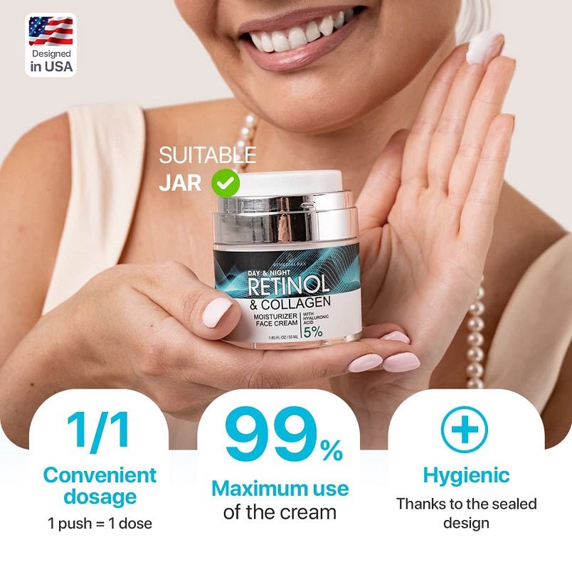 Woman holding a sealed retinol and collagen face cream jar near her cheek