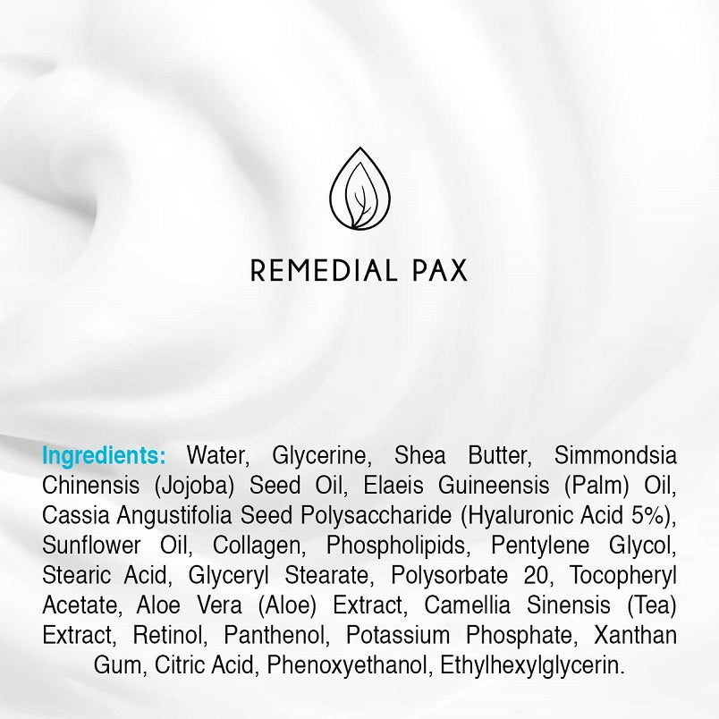 Remedial Pax logo over ingredient list for retinol and collagen face cream