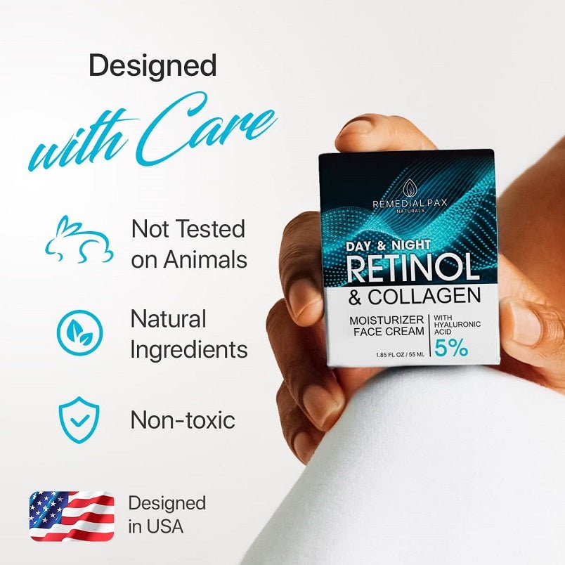 Hand holding a retinol and collagen Day & Night moisturizer jar